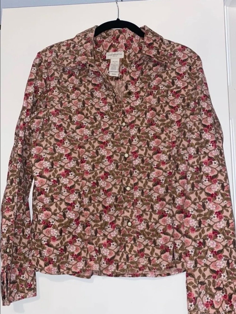 Liz Claiborne Brown and Pink Floral Button-Front Shirt